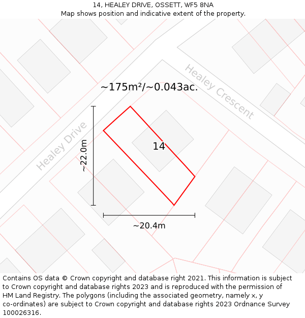 14, HEALEY DRIVE, OSSETT, WF5 8NA: Plot and title map