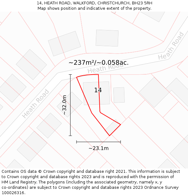 14, HEATH ROAD, WALKFORD, CHRISTCHURCH, BH23 5RH: Plot and title map