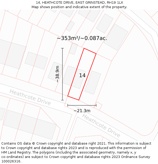 14, HEATHCOTE DRIVE, EAST GRINSTEAD, RH19 1LX: Plot and title map