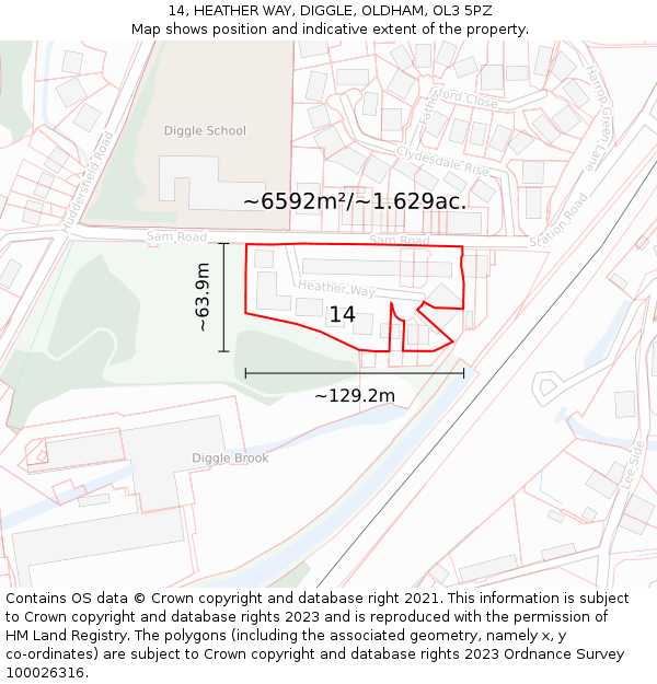 14, HEATHER WAY, DIGGLE, OLDHAM, OL3 5PZ: Plot and title map