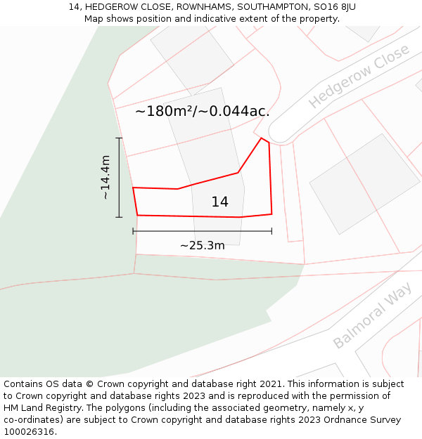 14, HEDGEROW CLOSE, ROWNHAMS, SOUTHAMPTON, SO16 8JU: Plot and title map