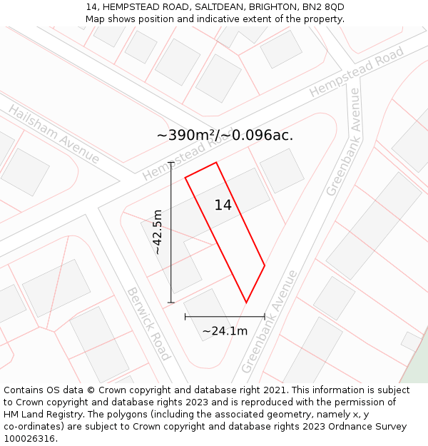 14, HEMPSTEAD ROAD, SALTDEAN, BRIGHTON, BN2 8QD: Plot and title map