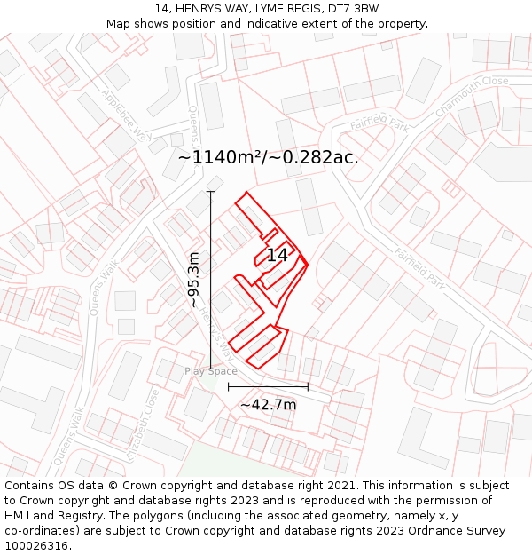 14, HENRYS WAY, LYME REGIS, DT7 3BW: Plot and title map