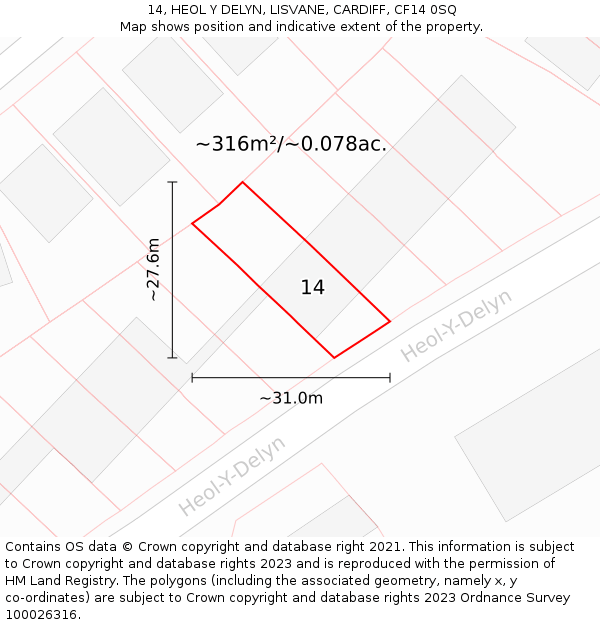 14, HEOL Y DELYN, LISVANE, CARDIFF, CF14 0SQ: Plot and title map