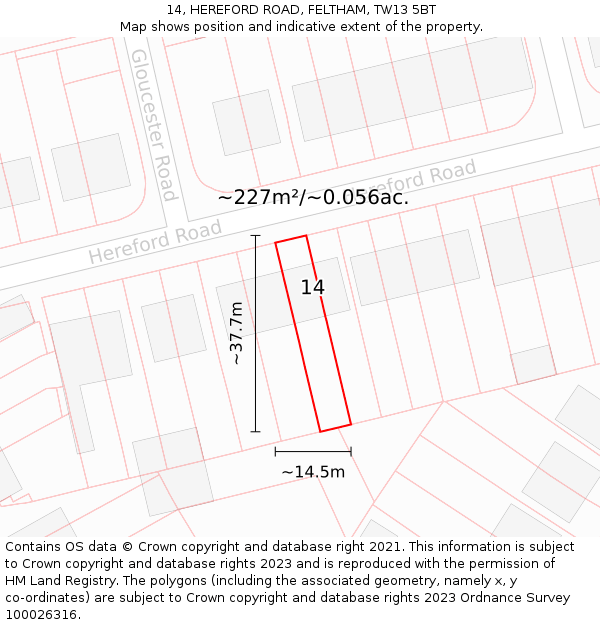 14, HEREFORD ROAD, FELTHAM, TW13 5BT: Plot and title map