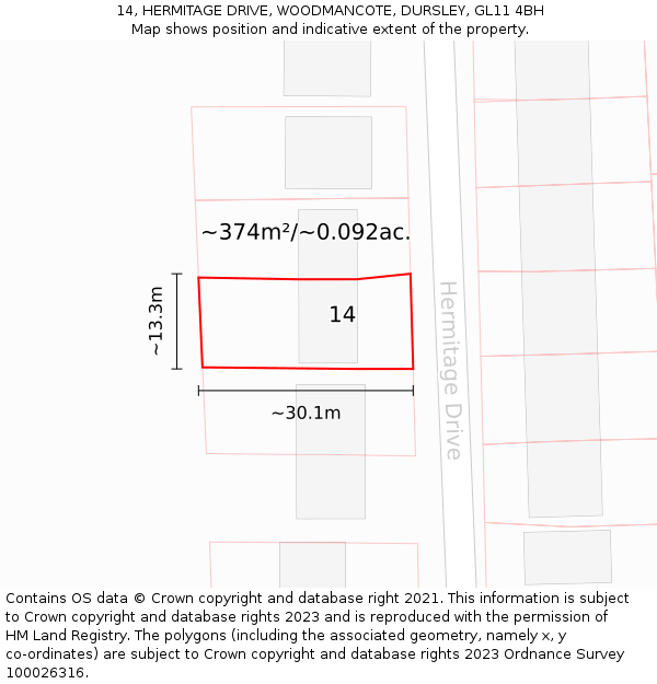 14, HERMITAGE DRIVE, WOODMANCOTE, DURSLEY, GL11 4BH: Plot and title map