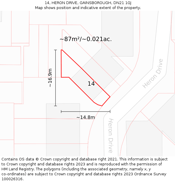 14, HERON DRIVE, GAINSBOROUGH, DN21 1GJ: Plot and title map