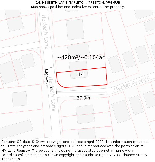 14, HESKETH LANE, TARLETON, PRESTON, PR4 6UB: Plot and title map