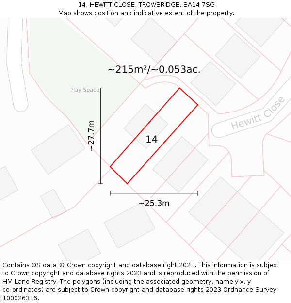 14, HEWITT CLOSE, TROWBRIDGE, BA14 7SG: Plot and title map