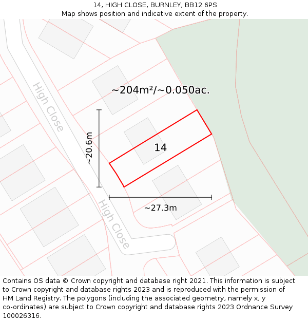 14, HIGH CLOSE, BURNLEY, BB12 6PS: Plot and title map