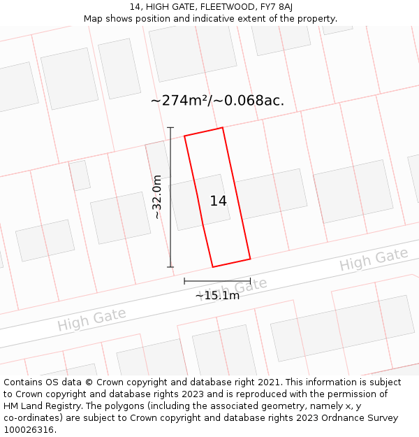 14, HIGH GATE, FLEETWOOD, FY7 8AJ: Plot and title map