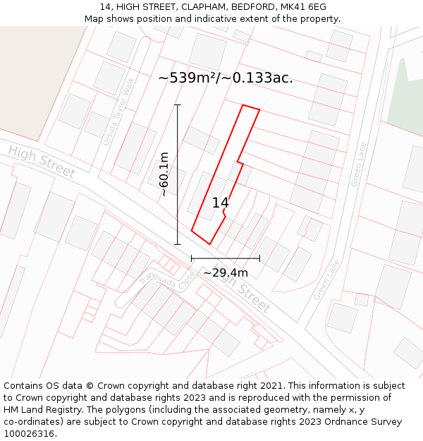 14, HIGH STREET, CLAPHAM, BEDFORD, MK41 6EG: Plot and title map