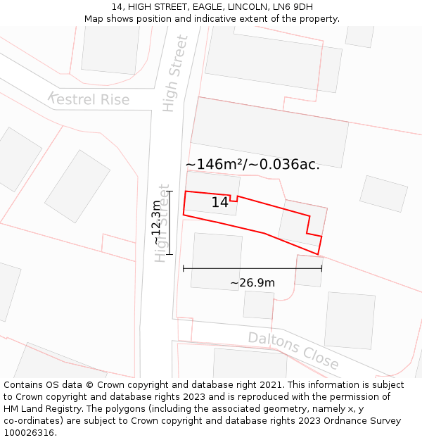 14, HIGH STREET, EAGLE, LINCOLN, LN6 9DH: Plot and title map