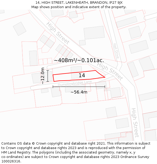 14, HIGH STREET, LAKENHEATH, BRANDON, IP27 9JX: Plot and title map