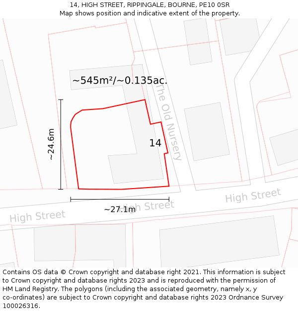 14, HIGH STREET, RIPPINGALE, BOURNE, PE10 0SR: Plot and title map