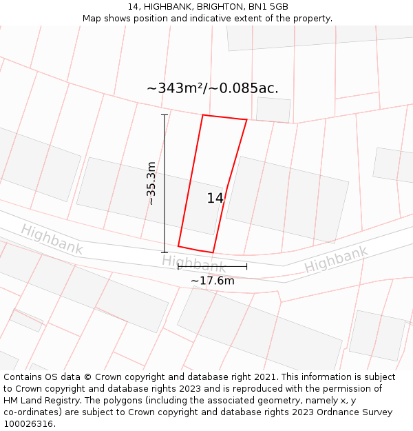 14, HIGHBANK, BRIGHTON, BN1 5GB: Plot and title map