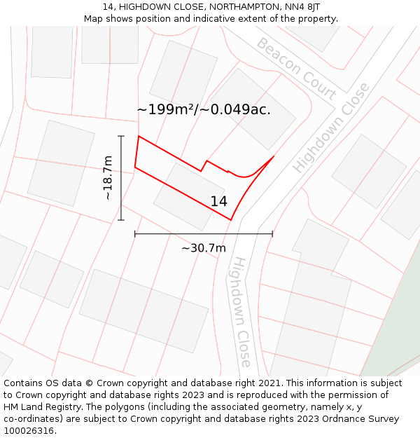 14, HIGHDOWN CLOSE, NORTHAMPTON, NN4 8JT: Plot and title map