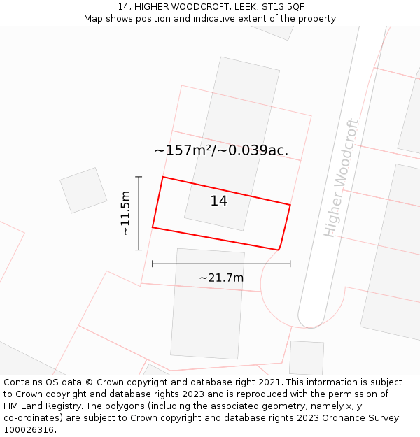 14, HIGHER WOODCROFT, LEEK, ST13 5QF: Plot and title map