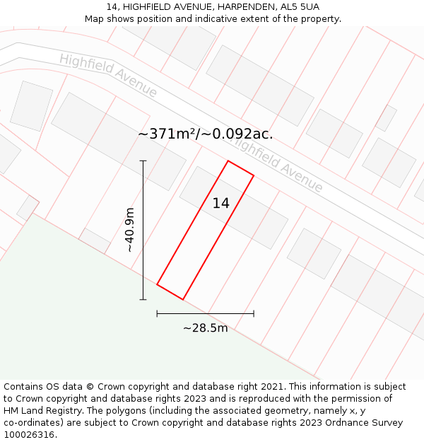14, HIGHFIELD AVENUE, HARPENDEN, AL5 5UA: Plot and title map