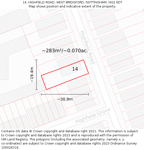 14, HIGHFIELD ROAD, WEST BRIDGFORD, NOTTINGHAM, NG2 6DT: Plot and title map