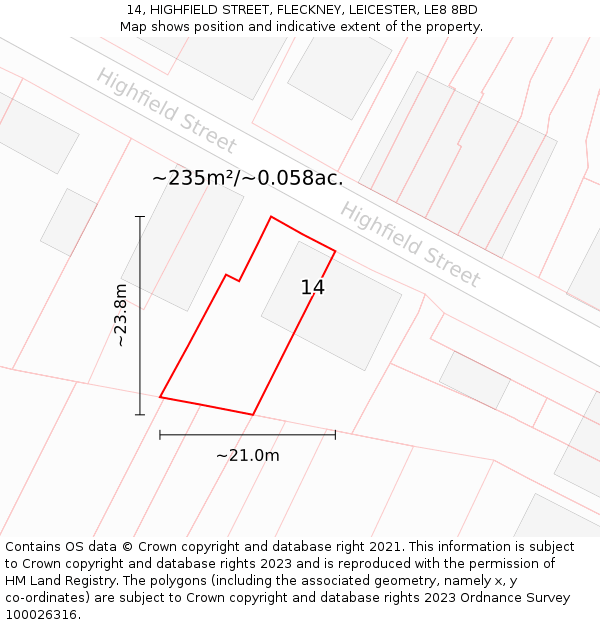 14, HIGHFIELD STREET, FLECKNEY, LEICESTER, LE8 8BD: Plot and title map