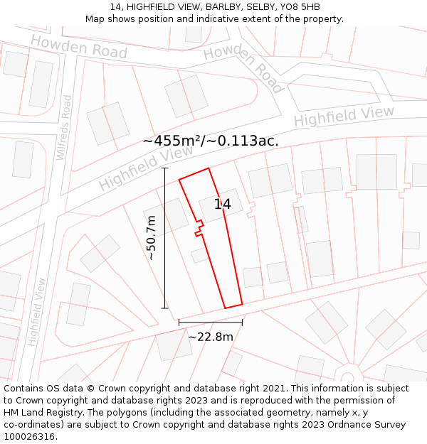 14, HIGHFIELD VIEW, BARLBY, SELBY, YO8 5HB: Plot and title map