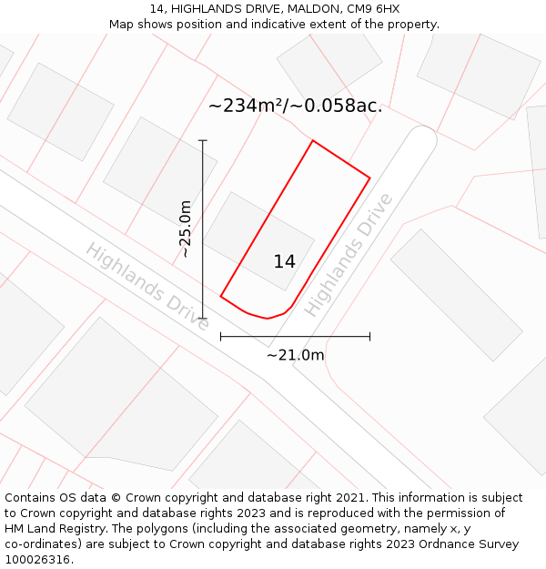 14, HIGHLANDS DRIVE, MALDON, CM9 6HX: Plot and title map