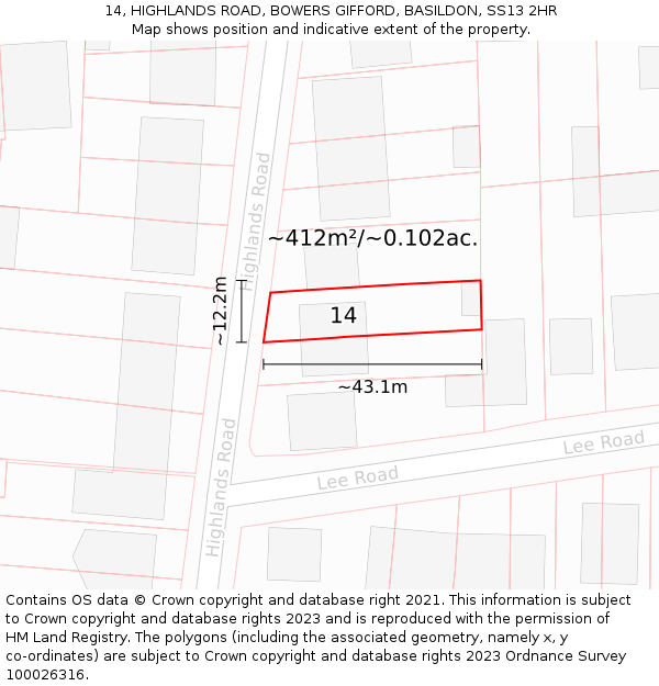 14, HIGHLANDS ROAD, BOWERS GIFFORD, BASILDON, SS13 2HR: Plot and title map