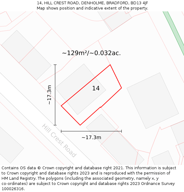 14, HILL CREST ROAD, DENHOLME, BRADFORD, BD13 4JF: Plot and title map