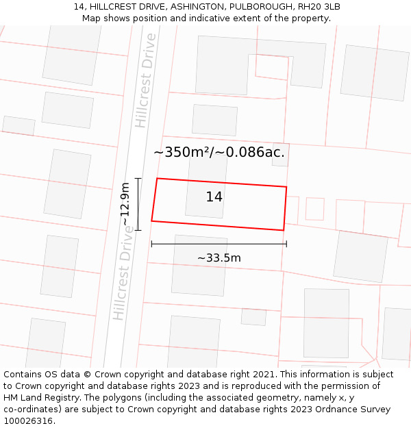 14, HILLCREST DRIVE, ASHINGTON, PULBOROUGH, RH20 3LB: Plot and title map