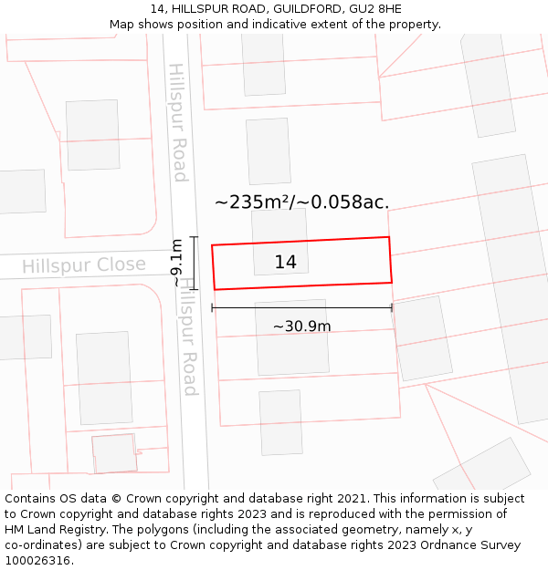 14, HILLSPUR ROAD, GUILDFORD, GU2 8HE: Plot and title map