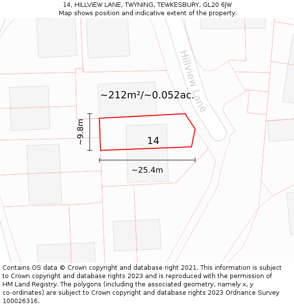 14, HILLVIEW LANE, TWYNING, TEWKESBURY, GL20 6JW: Plot and title map