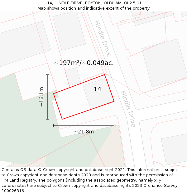 14, HINDLE DRIVE, ROYTON, OLDHAM, OL2 5LU: Plot and title map