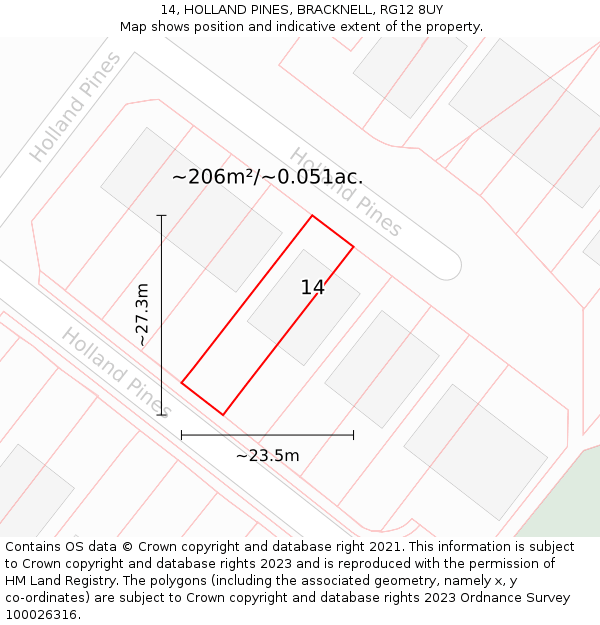 14, HOLLAND PINES, BRACKNELL, RG12 8UY: Plot and title map