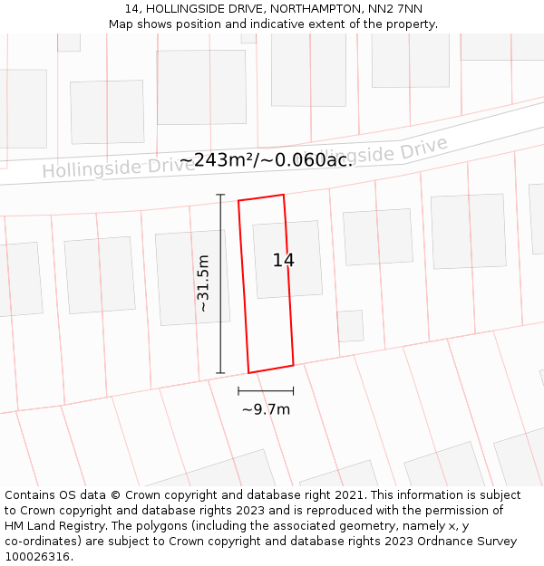 14, HOLLINGSIDE DRIVE, NORTHAMPTON, NN2 7NN: Plot and title map