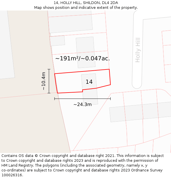 14, HOLLY HILL, SHILDON, DL4 2DA: Plot and title map