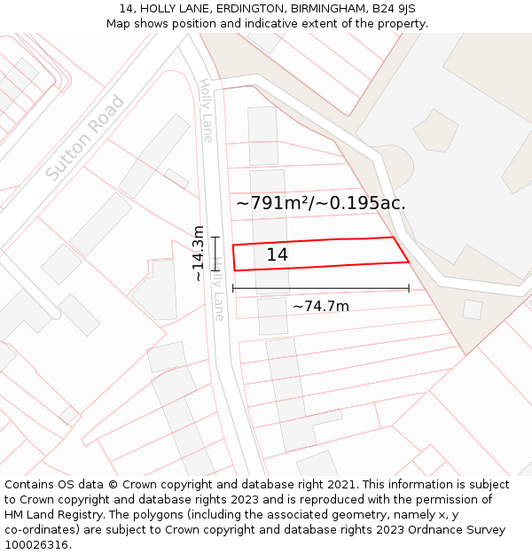 14, HOLLY LANE, ERDINGTON, BIRMINGHAM, B24 9JS: Plot and title map