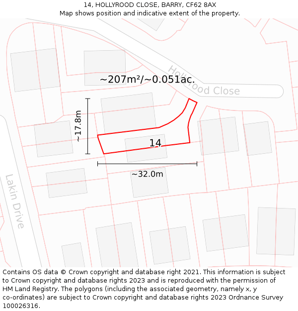 14, HOLLYROOD CLOSE, BARRY, CF62 8AX: Plot and title map