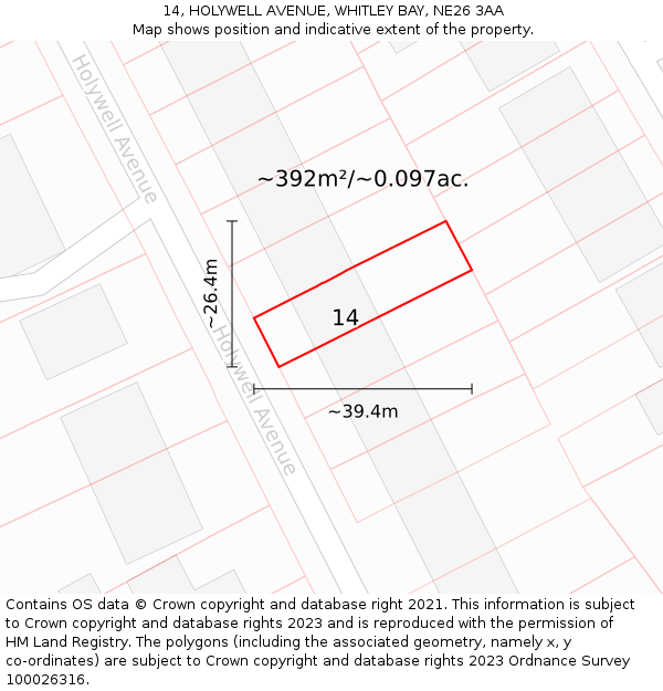 14, HOLYWELL AVENUE, WHITLEY BAY, NE26 3AA: Plot and title map