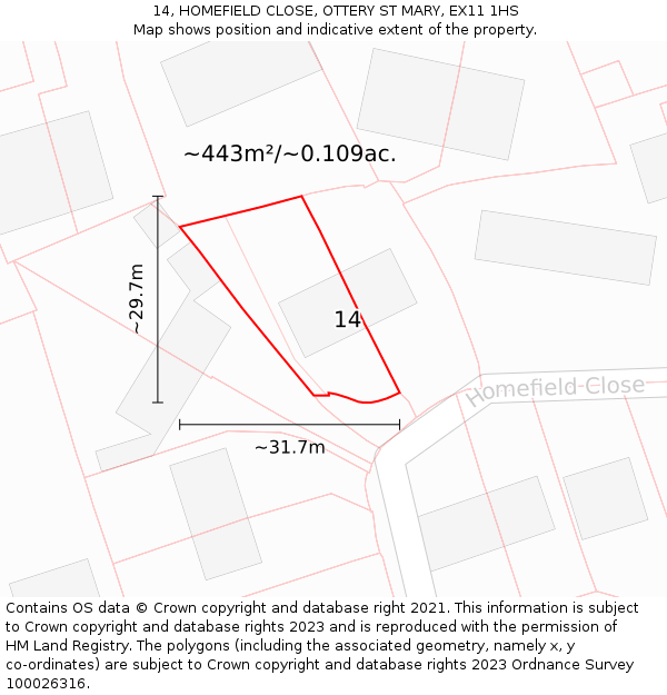 14, HOMEFIELD CLOSE, OTTERY ST MARY, EX11 1HS: Plot and title map