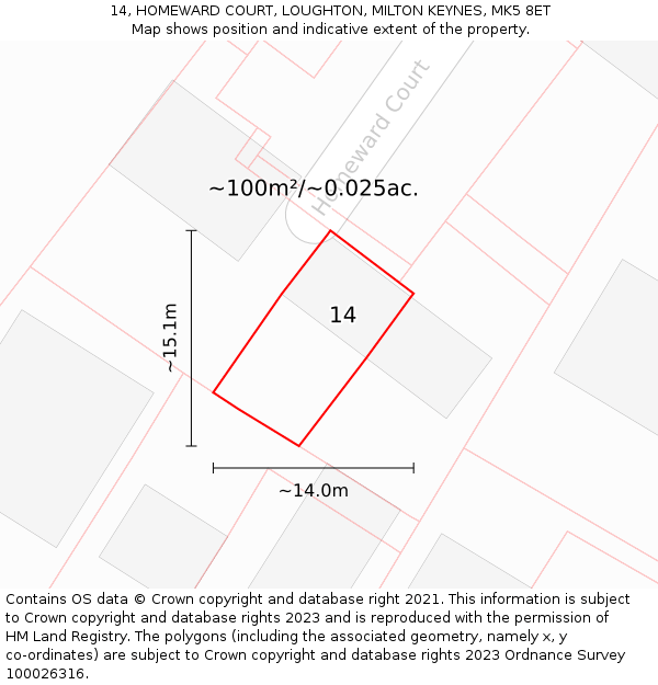 14, HOMEWARD COURT, LOUGHTON, MILTON KEYNES, MK5 8ET: Plot and title map