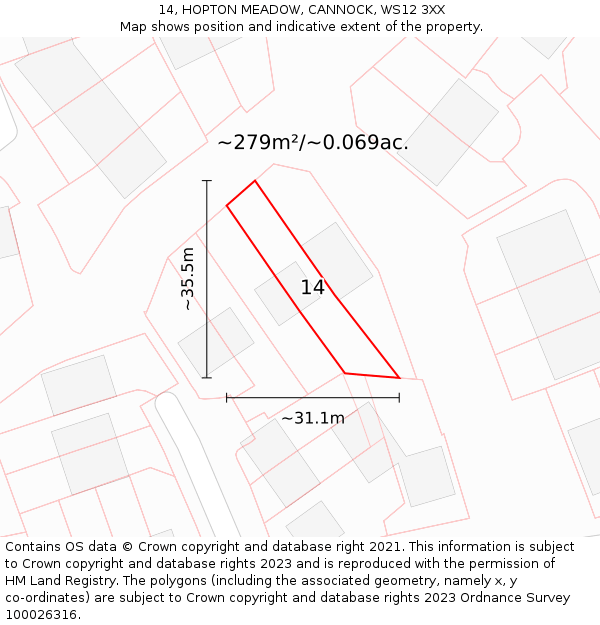 14, HOPTON MEADOW, CANNOCK, WS12 3XX: Plot and title map