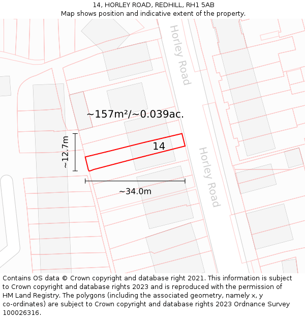 14, HORLEY ROAD, REDHILL, RH1 5AB: Plot and title map