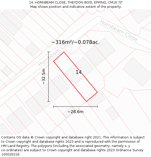 14, HORNBEAM CLOSE, THEYDON BOIS, EPPING, CM16 7JT: Plot and title map