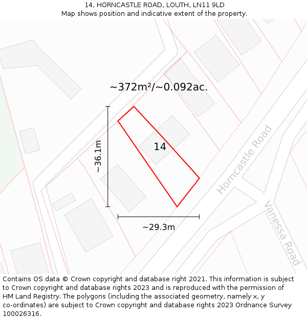 14, HORNCASTLE ROAD, LOUTH, LN11 9LD: Plot and title map