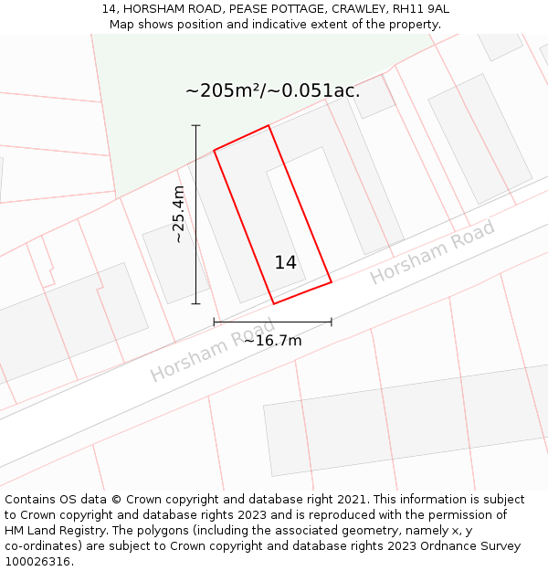 14, HORSHAM ROAD, PEASE POTTAGE, CRAWLEY, RH11 9AL: Plot and title map