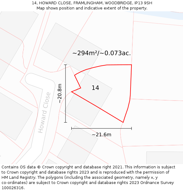 14, HOWARD CLOSE, FRAMLINGHAM, WOODBRIDGE, IP13 9SH: Plot and title map