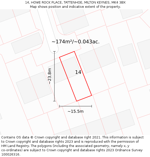 14, HOWE ROCK PLACE, TATTENHOE, MILTON KEYNES, MK4 3BX: Plot and title map