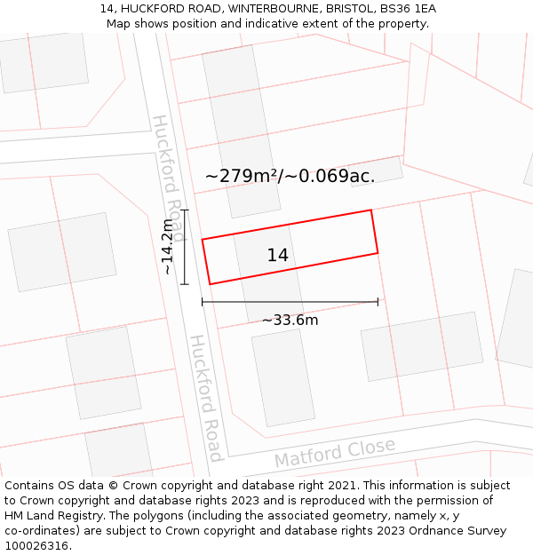 14, HUCKFORD ROAD, WINTERBOURNE, BRISTOL, BS36 1EA: Plot and title map