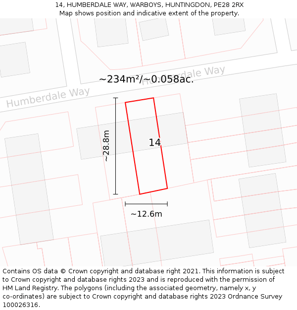 14, HUMBERDALE WAY, WARBOYS, HUNTINGDON, PE28 2RX: Plot and title map